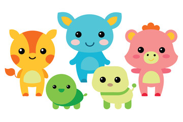 Fototapeta premium Adorable Cartoon Animals Cute Hippo, Squirrel, Pig, Turtle, and Dog Illustrations