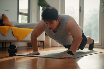 Overweight Asian Man Doing Push-Ups on Mat