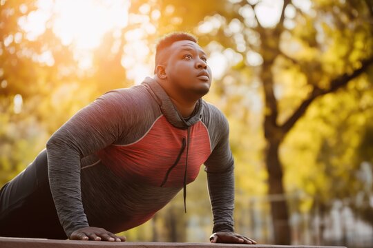 Overweight Man Performing Outdoor Push-Ups with Focus