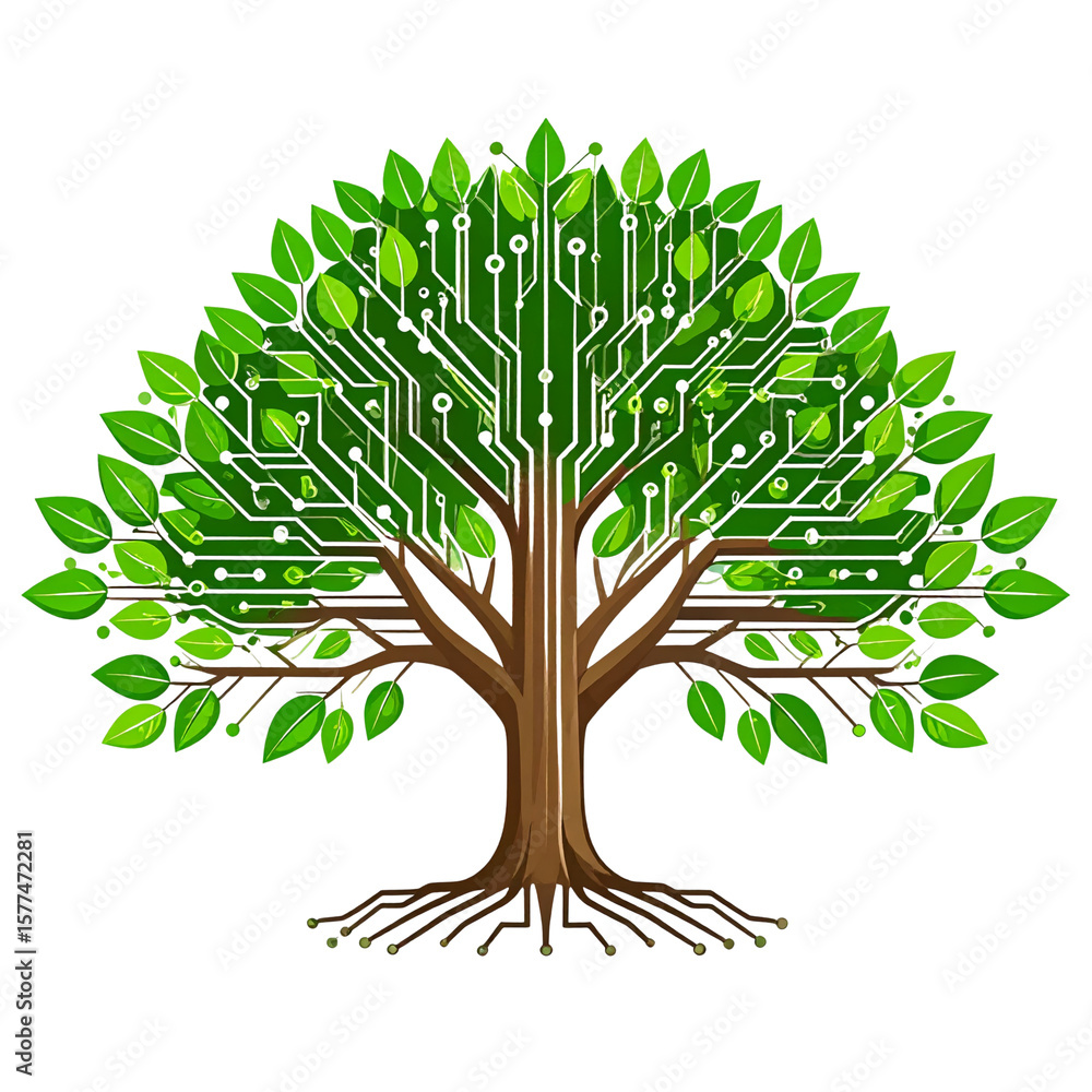 Poster tech tree concept – vector illustration of tree with circuit branches and green leaves merging natur