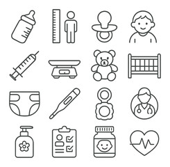 Pediatric care icon collection, child health icons. baby medical and healthcare symbols