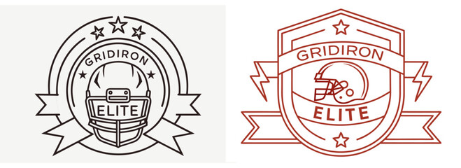 Classic elite gridiron football club emblems featuring helmets, banners, and stars for vintage sports branding, athletic apparel, or tournaments