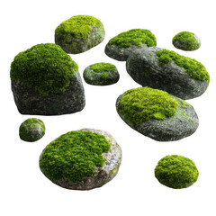  Moss-covered stones isolated on white and transparent background.
