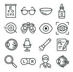 Optometrist icons collection, eye care symbols. vision test and medical tools set