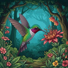 High-detail illustration of a hummingbird drinking nectar from a flower in mid-air, tropical jungle background, vivid colors, vector or semi-realistic style.