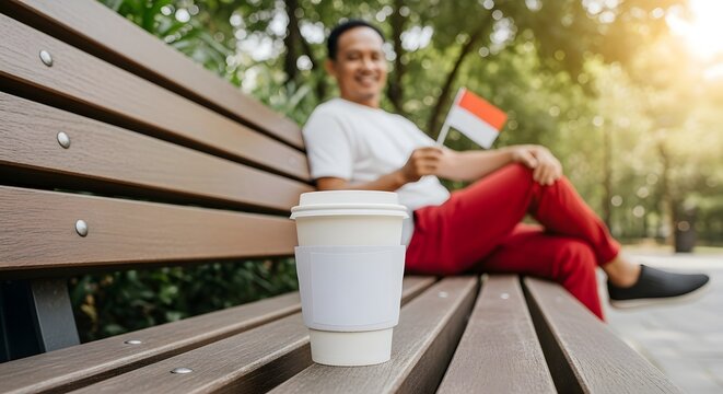 A coffee cup on a wooden bench with a blurred background of a man holding a flag in a park setting illuminated by sunlight.