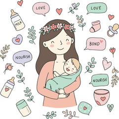 Cartoon Mother and Baby Sweet Bond for Breastfeeding Week. 