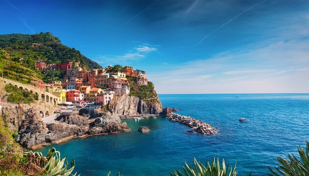 the seaside village on rocks of monterosso al mare cinque terre towers of a medieval fortress and colorful houses nestled between terraced hills