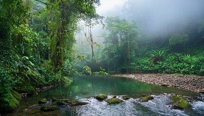 Fototapeta premium high end photography of a misty rainforest with dense foliage hanging vines and a tranquil river