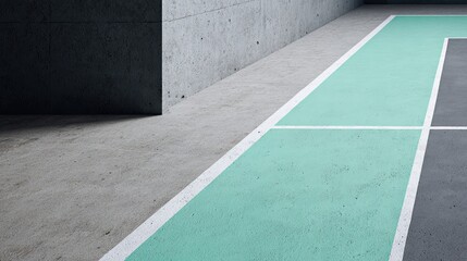 Fototapeta premium Badminton court lines painted freshly on raw concrete with paint roller beside captured under cool side lighting and high