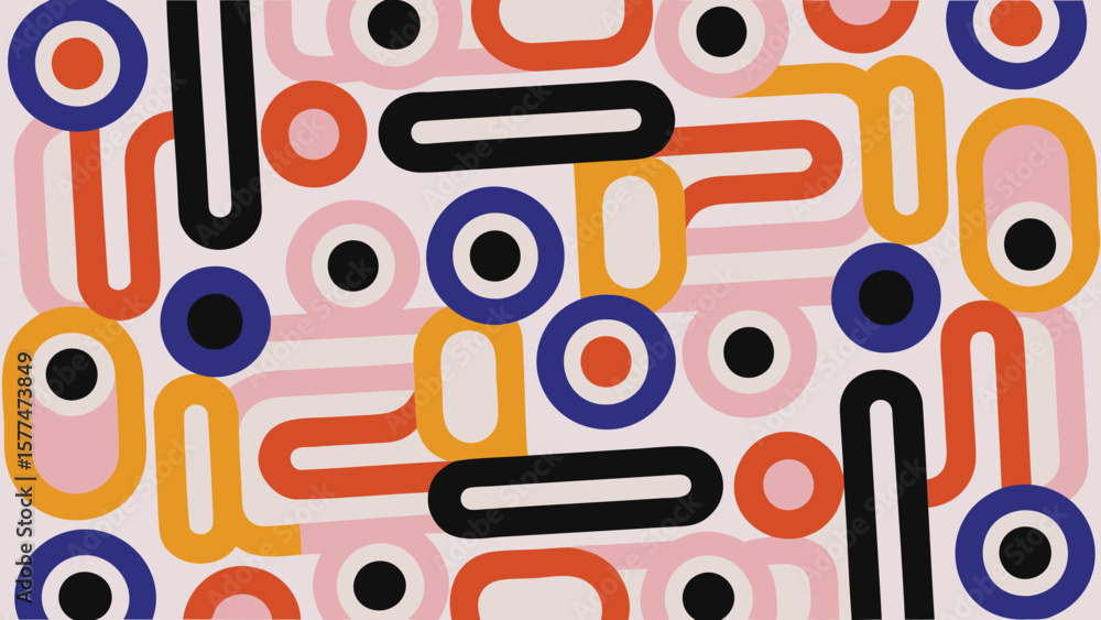 Poster abstract geometric pattern with circles, ovals, and lines in various colors on a white background