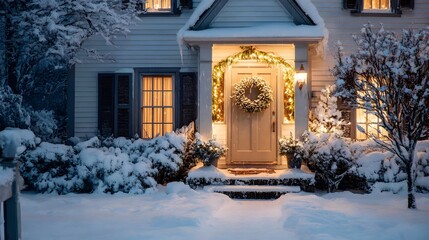 A house decorated for winter holidays with snow covered yard and a wreath on the front door at night