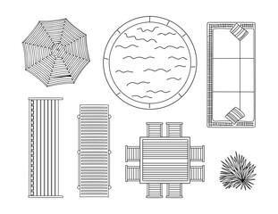 A drawing of a pool and patio with a variety of items including a chair, umbrella, and a bench. vector hand sketch style illustrations, landscape design icons isolated on transparent background