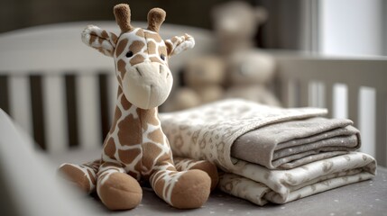 Stuffed giraffe toy sitting in a crib next to folded baby blankets in a nursery setting indoors