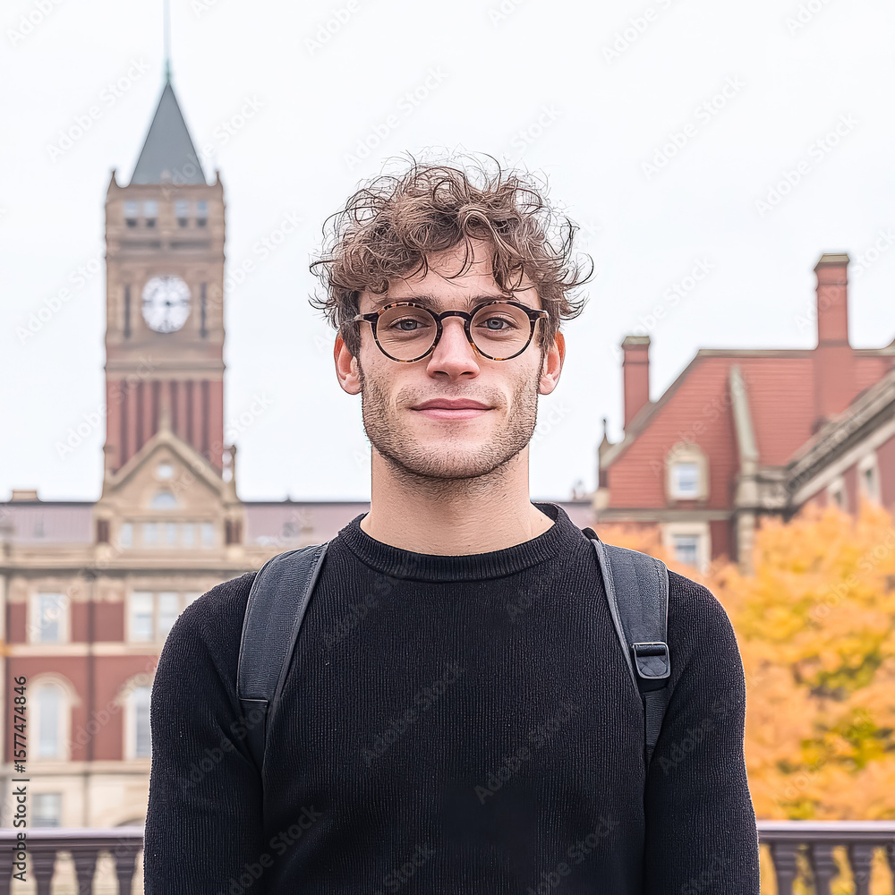 Poster man wearing glasses and a black sweater stands in front of a clock tower. he is smiling and he is ha