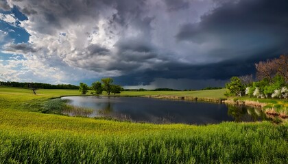 Naklejka premium an approaching storm front creates a dramatic sky over a small lake on a spring afternoon in the midwest
