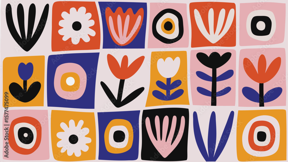 Aufkleber assorted floral and geometric shapes in square tiles with a colorful and playful design style art 10