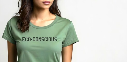 Woman wearing green T-shirt  ECO-CONSCIOUS, concept of showing sensitiveness for the environment in individual or product or service, using environmentally friendly practices