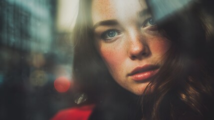 Portrait of a young woman with blue eyes looking thoughtfully through a window on a blurred background