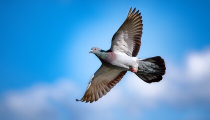 Fototapeta premium grizzle homing pigeon flying mid air against beautiful blue sky