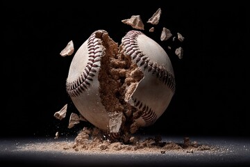 A ceramic baseball broken in half with shards flying mid-air directional backlight and shallow depth of field isolating crisp