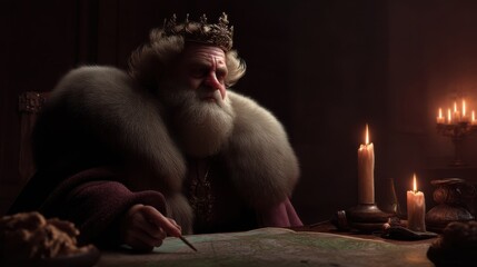 Elderly caucasian male monarch studying map by candlelight in regal setting