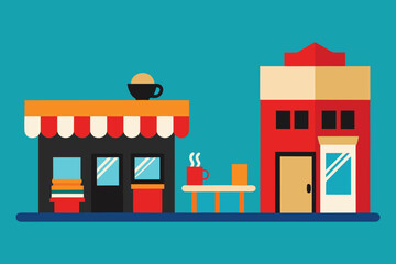 Obraz premium Vector illustration of modern city architecture with various buildings, houses, and shops