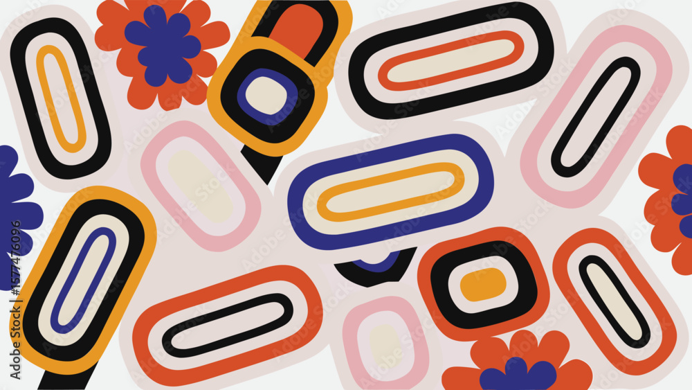Poster colorful abstract pattern with circles, lines, and eye like shapes in a symmetrical design