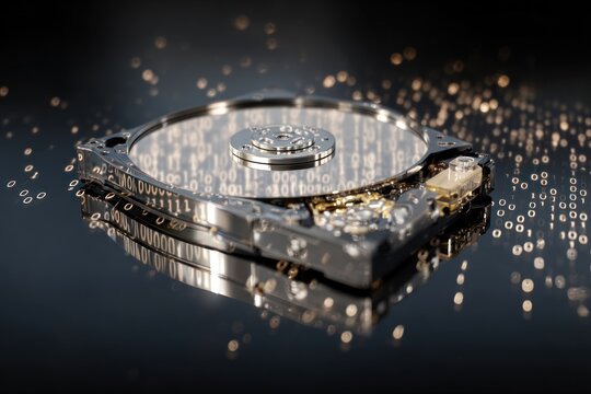 Open hard drive, metallic parts, binary code - Powered by Adobe