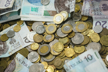 Polish banknotes and coins. Close up. 