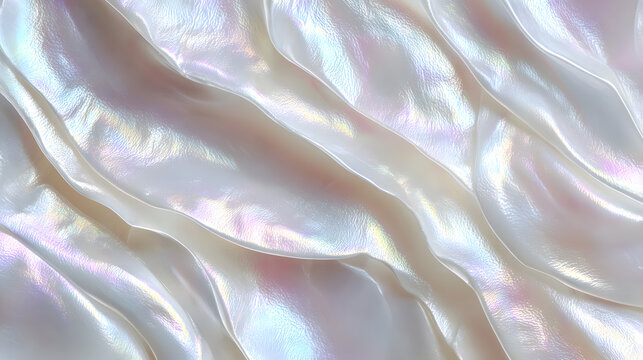Iridescent shell displays elegant wavy patterns that reflect light, showcasing a variety of soft, shimmering colors