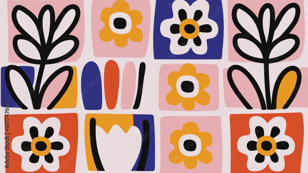 Poster floral pattern with flowers and leaves in squares with different color backgrounds and shapes design