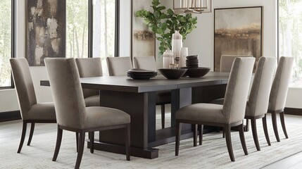 Modern dining room setup with elegant chairs and dark wooden table centerpiece