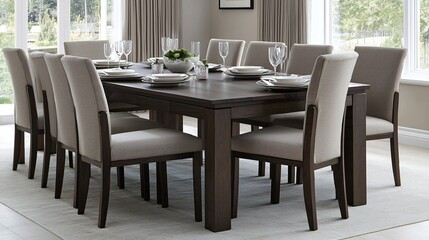 Formal dining arrangement featuring a dark wood table and upholstered chairs