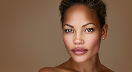 Beauty portrait of african american woman with clean healthy skin on beige background.
