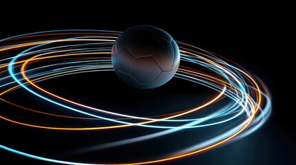 Light-painted motion trails forming spiral path around airborne football black void background and neon accent lighting long exposure style