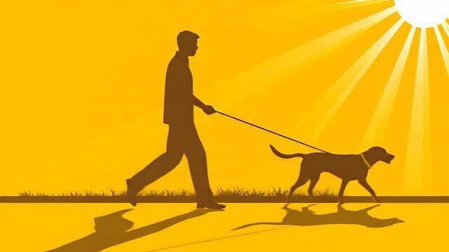 Silhouette of a Man Walking a Dog on a Sunny Day