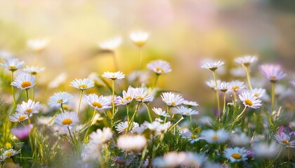 little daisy flowers in meadow beautiful flowers in soft color and blur style for background usage