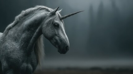 Obraz premium Majestic unicorn standing gracefully in the misty forest at dawn under soft light