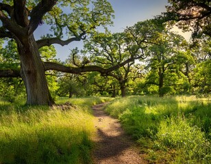 a woodland trail invites hikers to explore an oak savanna on a summer day