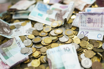 Polish banknotes and coins. Close up. 