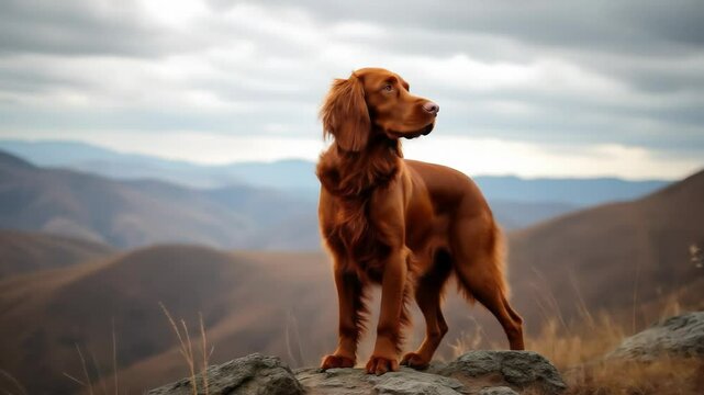 Majestic red dog stands on rocks surveying a vast mountain landscape under cloudy skies