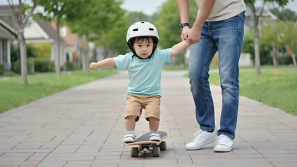 A caring father teaches his little son how to ride a skateboard, a heartwarming moment of guidance and family bonding