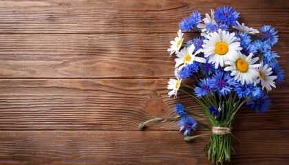midsummer bouquet of summer flowers white daisies and blue cornflowers in the vase on wooden background with copy space top view