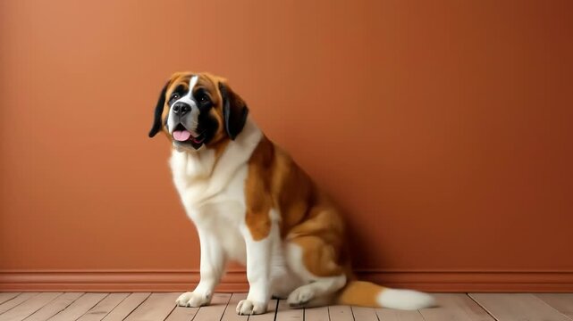 Cute saint bernard dog sitting then standing and smiling in studio with brown wall background