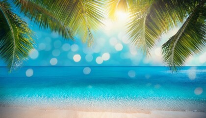 abstract seascape with palm tree tropical beach background blur bokeh light of calm sea and sky summer vacation background concept