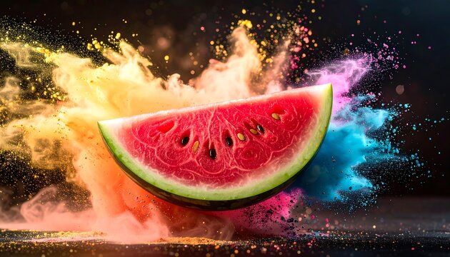 Watermelon slice exploding in a vibrant cloud of colorful powder - Powered by Adobe