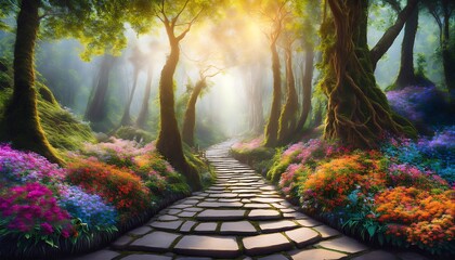 enchanted forest path with vibrant flowers and stone walkway digital painting