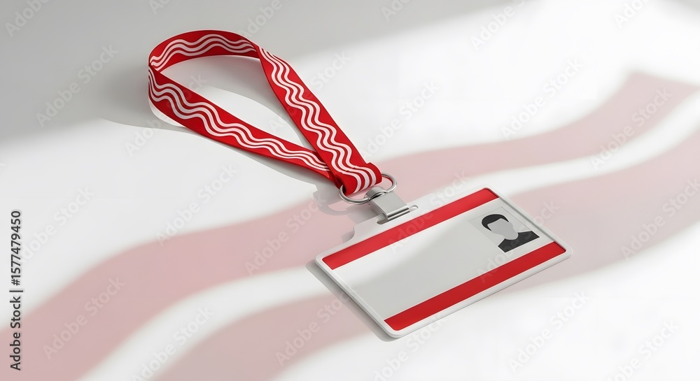 Poster close up of an id card with a red lanyard and a white background displaying a shadow. the card is re