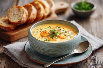 Warm and creamy soup served in a rustic bowl with freshly baked bread on a wooden table
